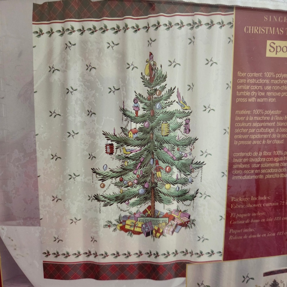 Vintage Spode Christmas Tree Tartan Fabric Shower Curtain 72x72 Holiday Decor
